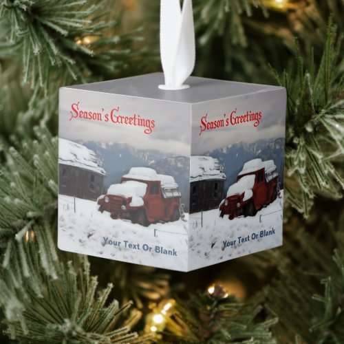 Seasons Greetings _ Old Red Truck Cube Ornament