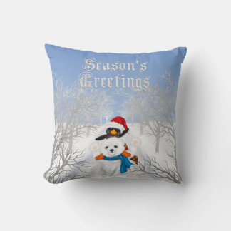 Seasons Greetings Penguin and Polar Bear Blue Throw Pillow