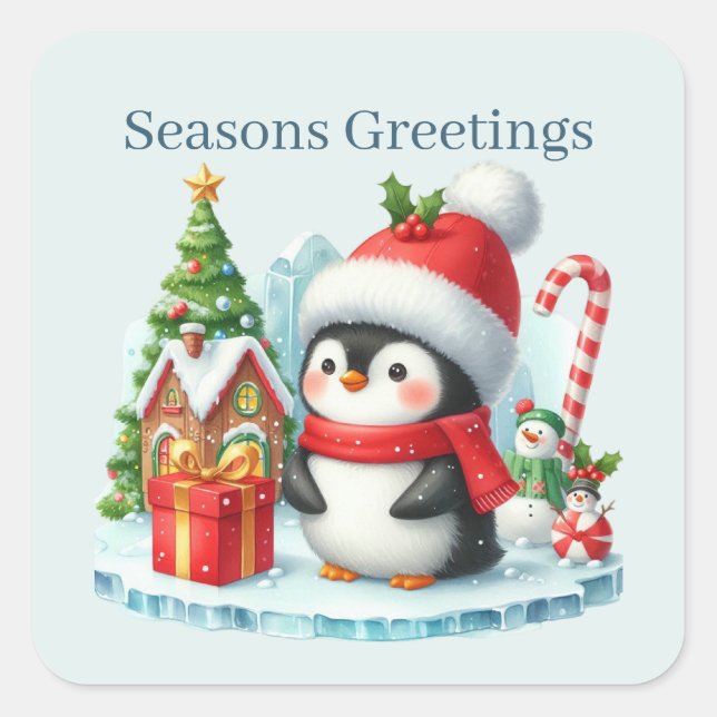 Seasons greetings penguin Holiday Square Sticker (Front)