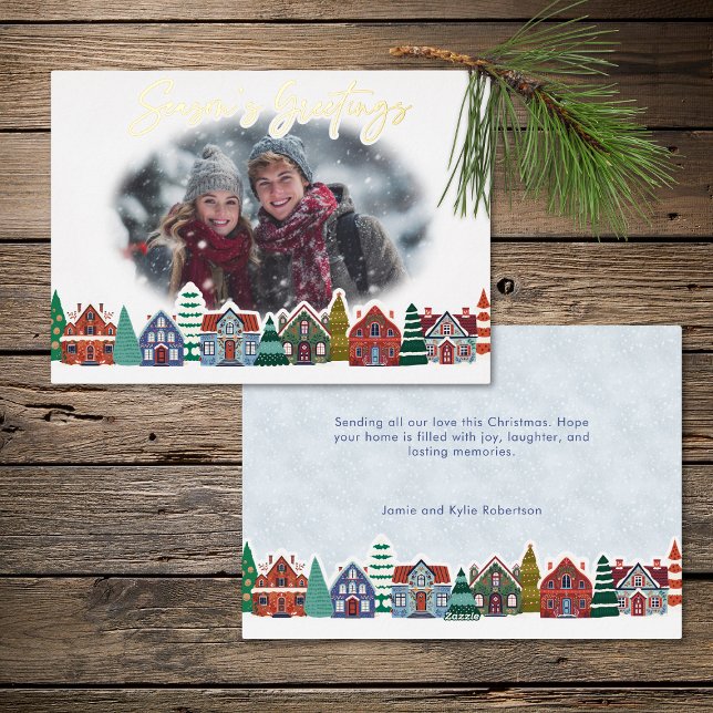 Season's Greetings Photo Boho Christmas Village Foil Holiday Card (Season's Greetings Photo Boho Christmas Village Foil Holiday Card)
