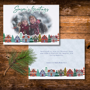 Season's Greetings Photo Boho Christmas Village Letterpress Photo Cards