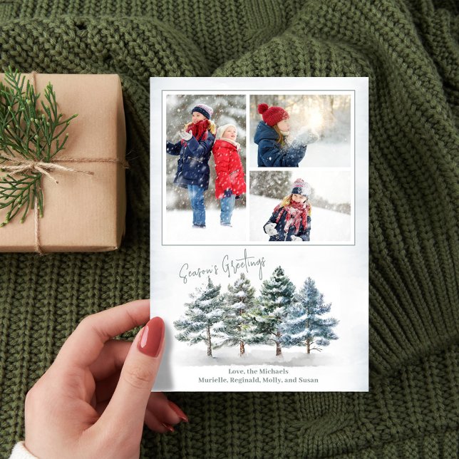 Season's Greetings Photo Collage Watercolor Holiday Card (Season's Greetings woodland holiday photo card.)