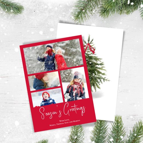 Seasons Greetings Photo Collage Watercolor Tree Holiday Card