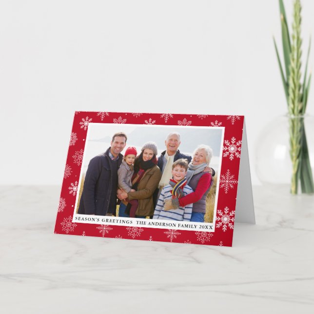 Season's Greetings Photo Snowflakes Red Folded Holiday Card (Front)