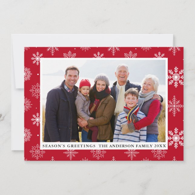 Season's Greetings Photo Snowflakes Red Holiday Card (Front)
