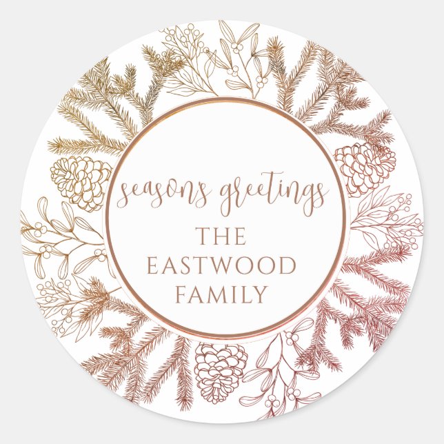 Seasons Greetings Pine Boughs Holiday Sticker (Front)
