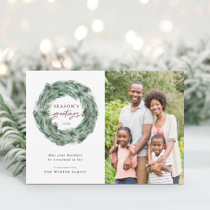 Season's Greetings Pine Tree Wreath Photo Holiday Card