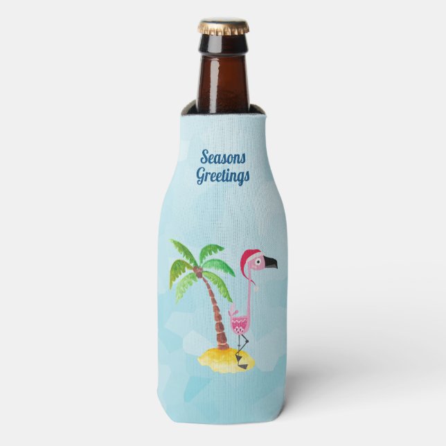 Seasons Greetings Pink Flamingo in Santa Hat Bottle Cooler (Bottle Front)