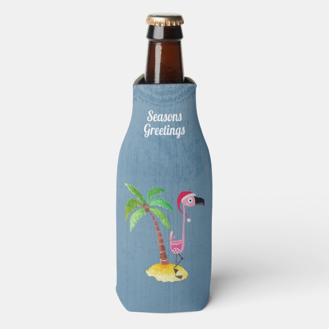 Seasons Greetings Pink Flamingo in Santa Hat Bottle Cooler (Bottle Front)