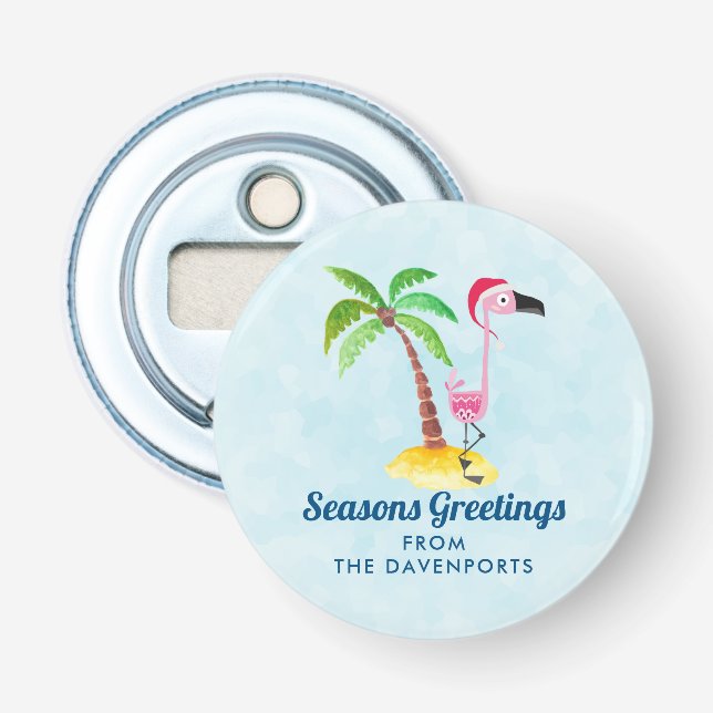 Seasons Greetings Pink Flamingo in Santa Hat Bottle Opener (Front)