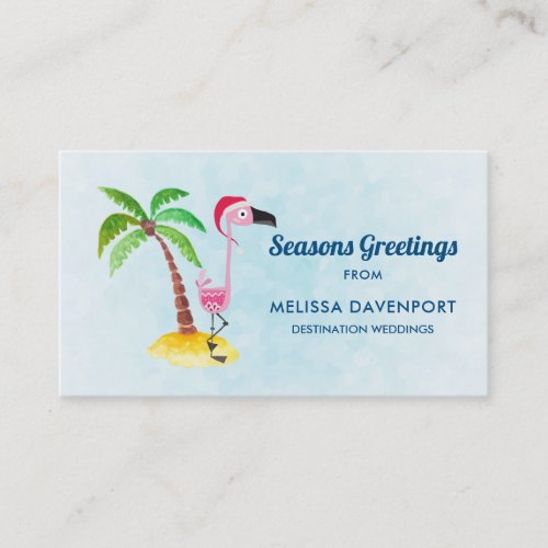 Seasons Greetings Pink Flamingo in Santa Hat Business Card