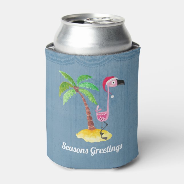 Seasons Greetings Pink Flamingo in Santa Hat Can Cooler (Can Front)