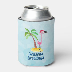 Seasons Greetings Pink Flamingo in Santa Hat Can Cooler