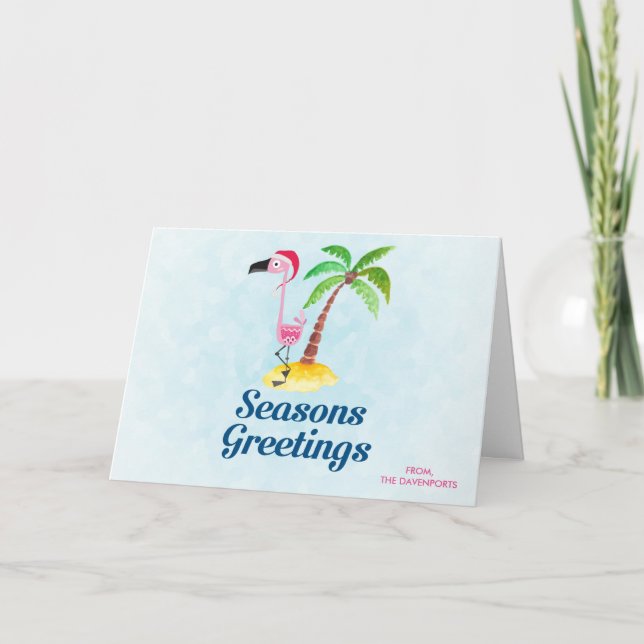 Seasons Greetings Pink Flamingo in Santa Hat Card (Front)