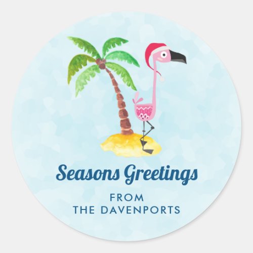 Seasons Greetings Pink Flamingo in Santa Hat Classic Round Sticker