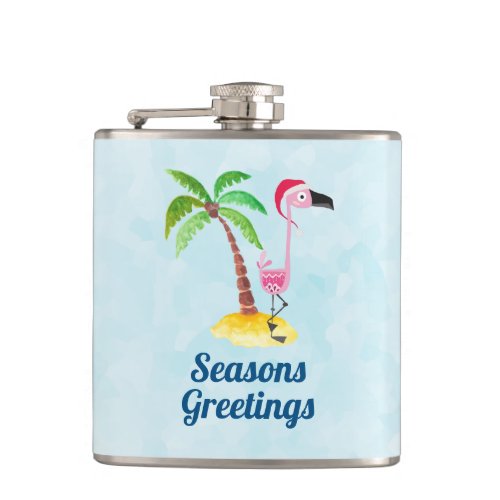 Seasons Greetings Pink Flamingo in Santa Hat Flask