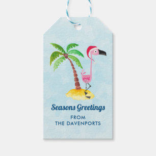Seasons Greetings Pink Flamingo in Santa Hat Gift Tags