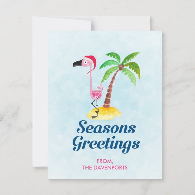 Seasons Greetings Pink Flamingo in Santa Hat Holiday Card (Front)