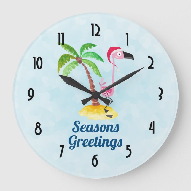 Seasons Greetings Pink Flamingo in Santa Hat Large Clock (Front)
