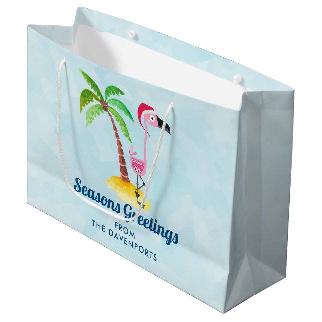 Seasons Greetings Pink Flamingo in Santa Hat Large Gift Bag (Front Angled)