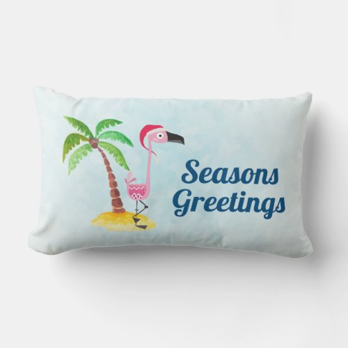 Seasons Greetings Pink Flamingo in Santa Hat Lumbar Pillow
