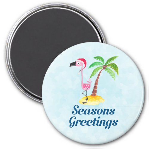 Seasons Greetings Pink Flamingo in Santa Hat Magnet