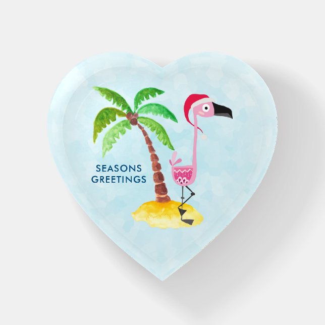 Seasons Greetings Pink Flamingo in Santa Hat Paperweight (Front)