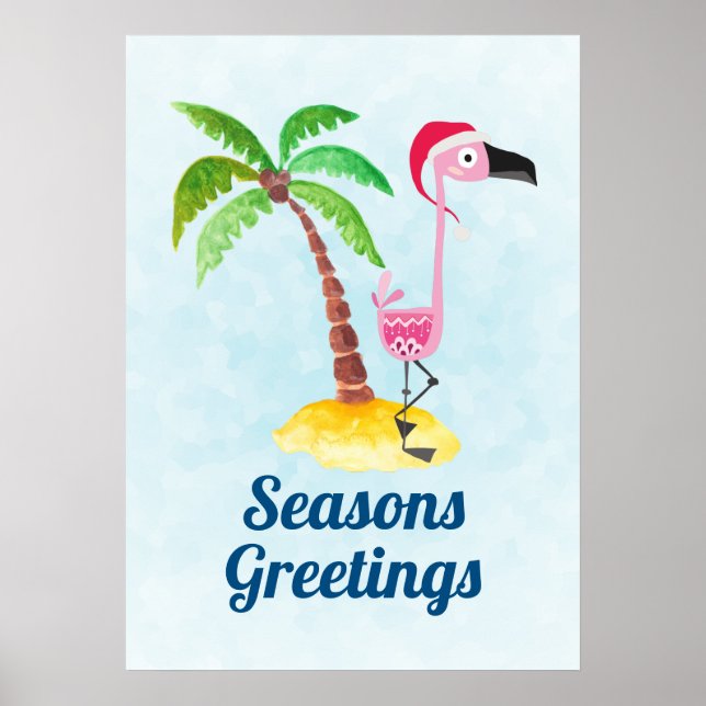 Seasons Greetings Pink Flamingo in Santa Hat Poster (Front)