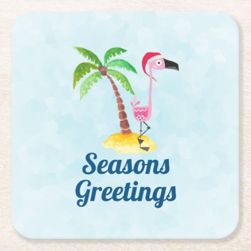 Seasons Greetings Pink Flamingo in Santa Hat Square Paper Coaster
