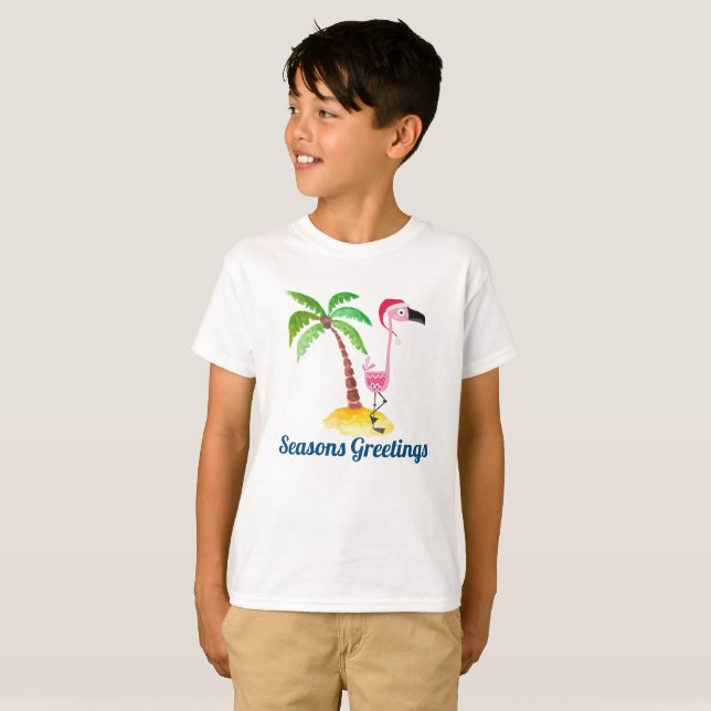 Seasons Greetings Pink Flamingo in Santa Hat T-Shirt (Front Full)