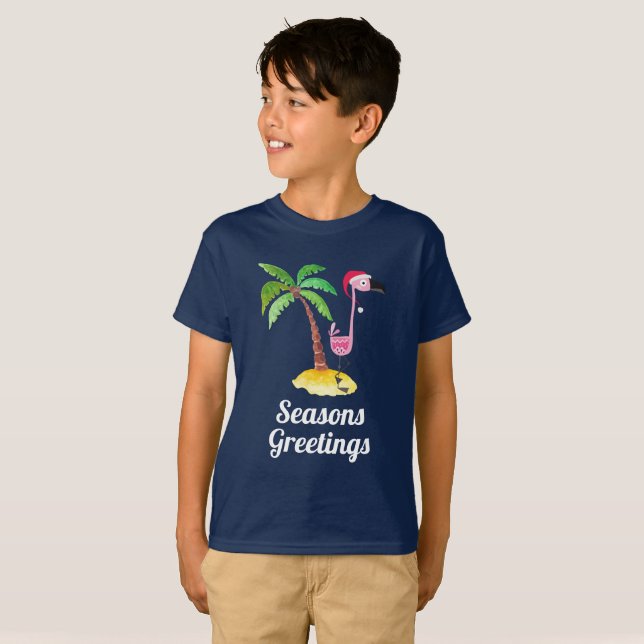 Seasons Greetings Pink Flamingo in Santa Hat T-Shirt (Front Full)