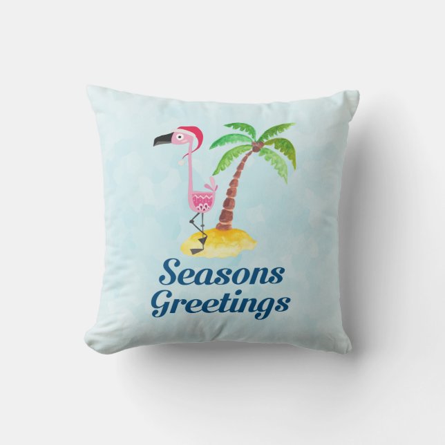Seasons Greetings Pink Flamingo in Santa Hat Throw Pillow (Front)