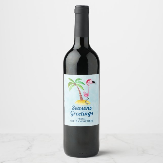 Seasons Greetings Pink Flamingo in Santa Hat Wine Label (Front)