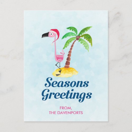 Seasons Greetings Pink Flamingo in Santa Hat Xmas Postcard