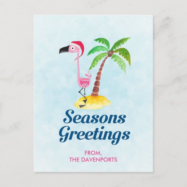 Seasons Greetings Pink Flamingo in Santa Hat Xmas Postcard (Front)