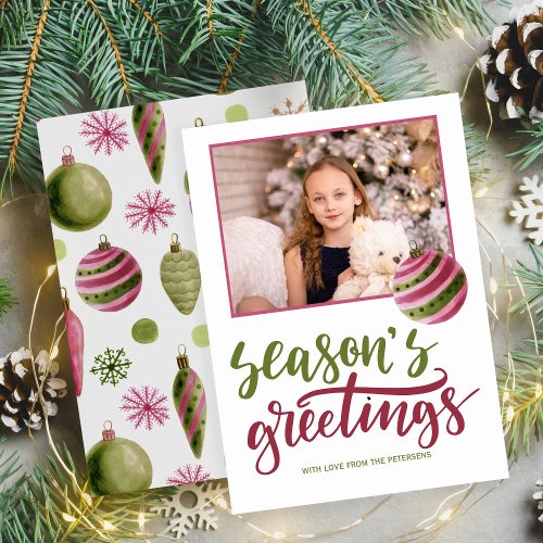 Seasons greetings pink green script photo holiday card