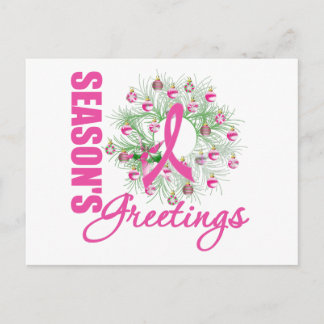 Season's Greetings Pink Ribbon Wreath Holiday Postcard