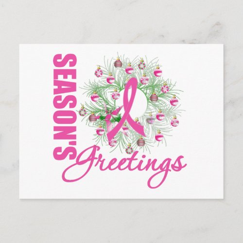 Seasons Greetings Pink Ribbon Wreath Holiday Postcard