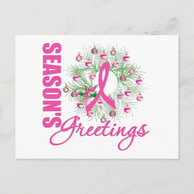 Season's Greetings Pink Ribbon Wreath Holiday Postcard (Front)
