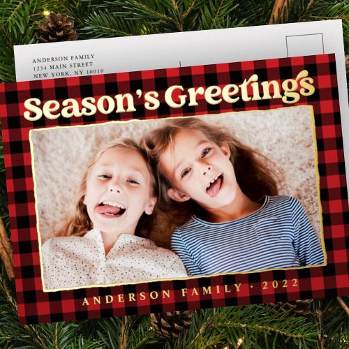Seasons Greetings Plaid Pattern Family Photo Foil Holiday Postcard