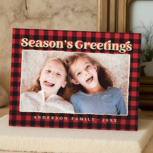 Season's Greetings Plaid Pattern Family Photo Holiday Postcard (Creator Uploaded)