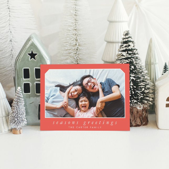 SEASONS GREETINGS plain simple italic framed red Holiday Card (Creator Uploaded)