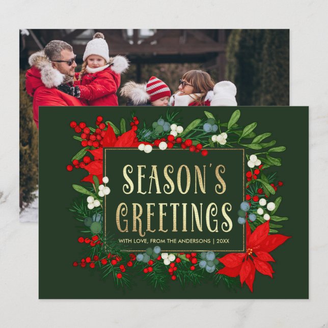 Season's Greetings. Poinsettia Frame Photo Holiday Card (Front/Back)