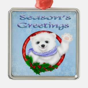 Season's Greetings Polar Bear Premium Square Ornam Metal Ornament