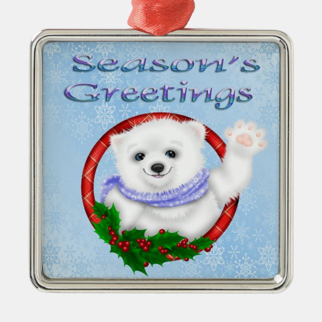 Season's Greetings Polar Bear Premium Square Ornam Metal Ornament (Front)