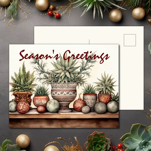 Seasons Greetings Potted Succulents Christmas Holiday Postcard