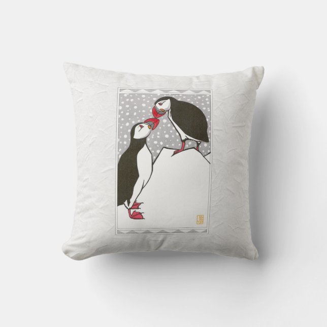 Season's Greetings! Puffins Throw Pillow (Front)
