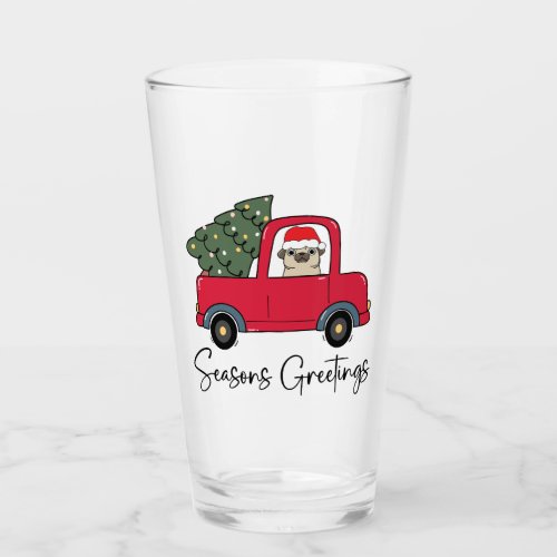 Seasons Greetings Pug With Christmas Tree Glass