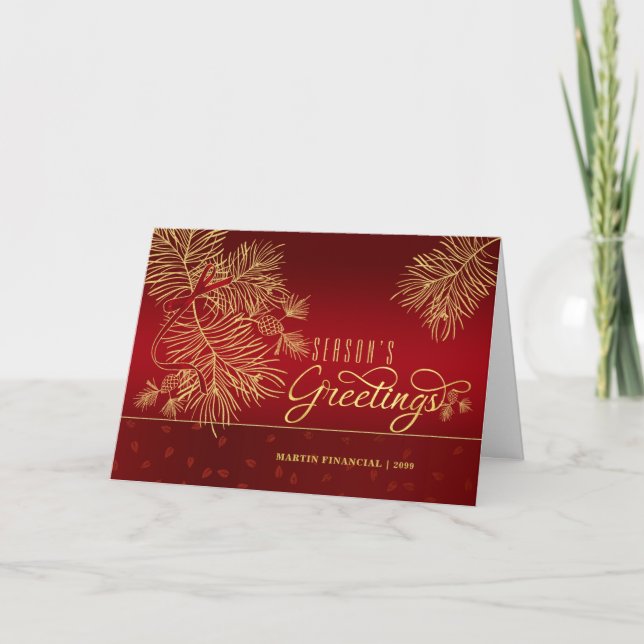 Season's Greetings Red and Golden Pines with Name Holiday Card (Front)