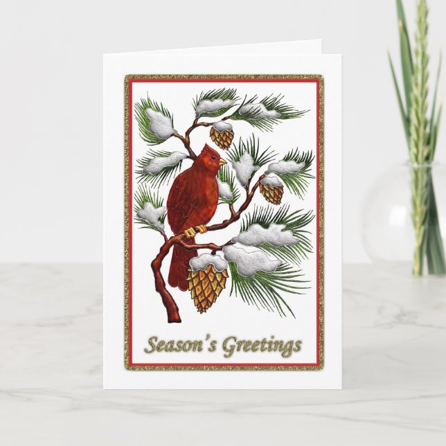Season's Greetings - Red Cardinal with Pine Cones Holiday Card (Front)